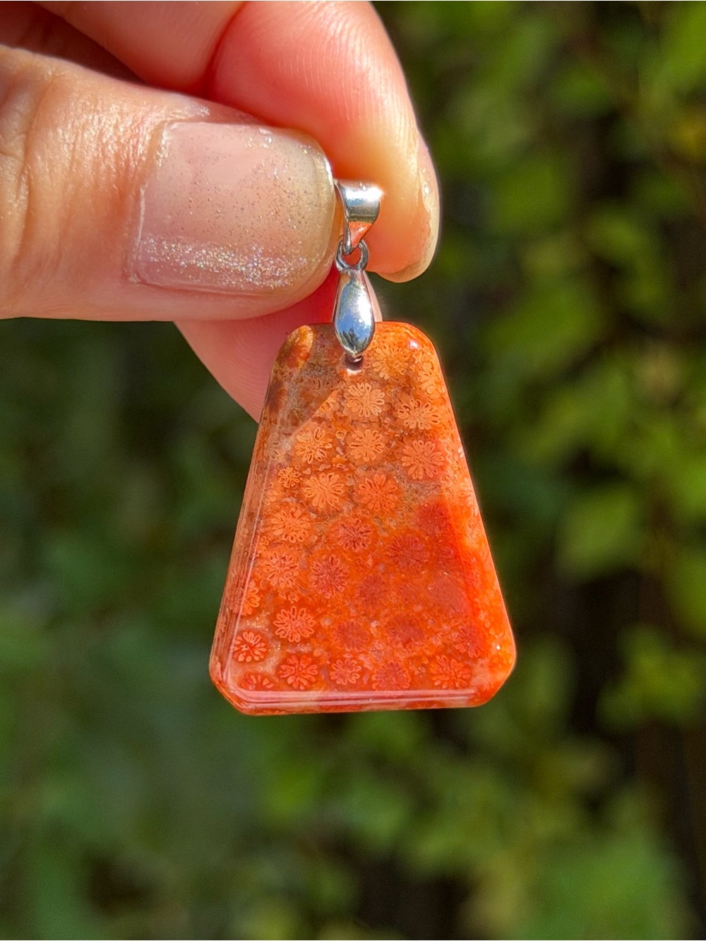 Sterling silver 925 stamped orange coral jade pendant